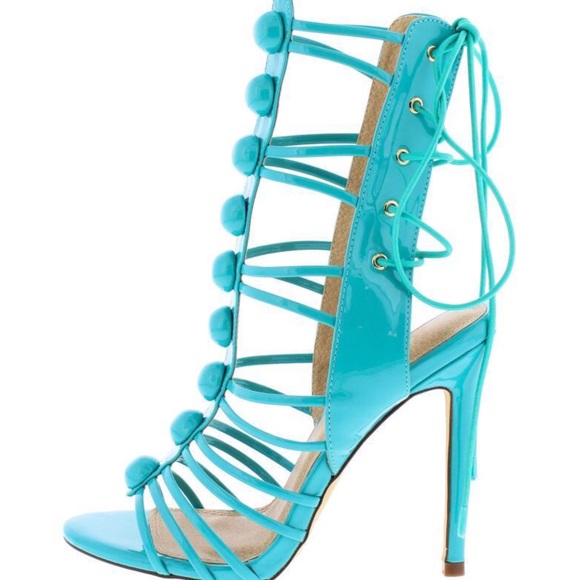 🆕Light Blue/Turquoise Patent Strappy Lace Up Caged Gladiator Style Stone Sandal - Picture 3 of 4